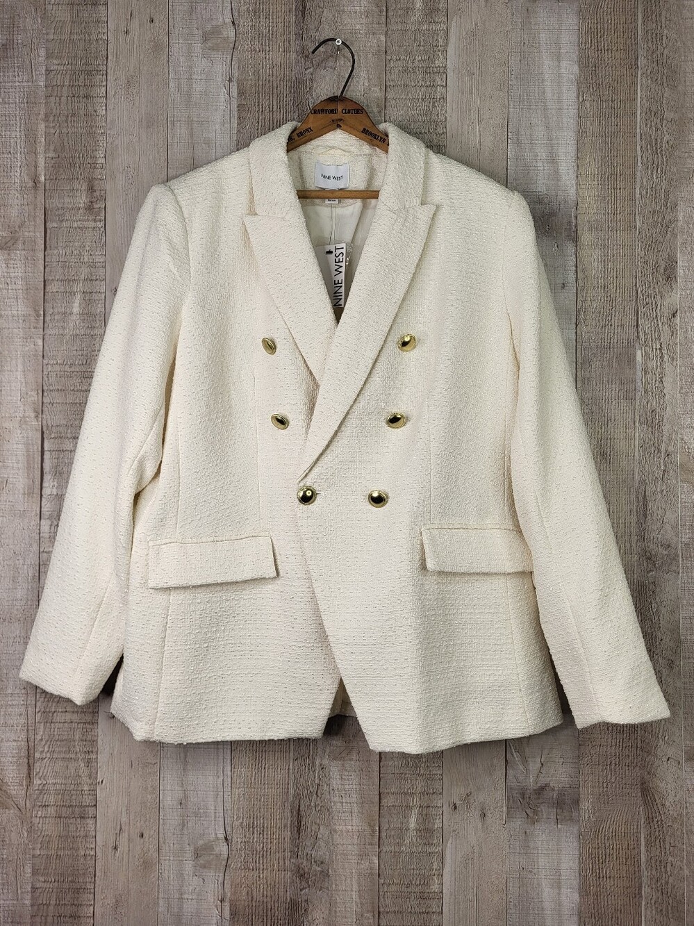 Nine West Cream Double-Breasted Bouclé Blazer. Size Large. NWT. Daisy Dew
